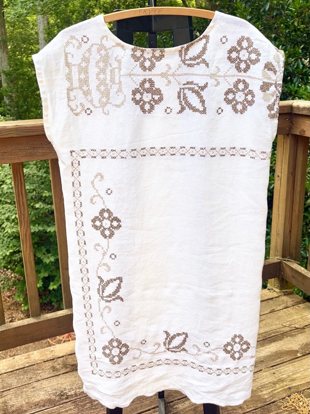 Handmade Embroidered White Linen Shift Dress with Taupe Floral Cross-Stitch